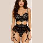 ADIRA Black Lace 3 Piece Lingerie Set