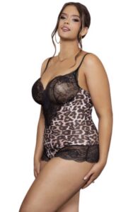 Curvy model wearing ATHENA leopard print lace bodysuit
