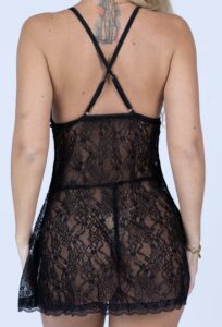 Close up rear view ORIFIEL black lace babydoll set 